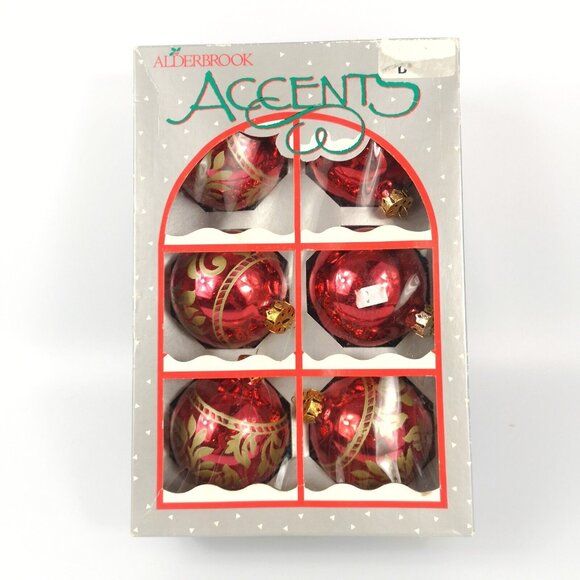 Vtg Christmas Glass ornaments Tree Baubles round red with gold glitter pattern - Picture 1 of 5